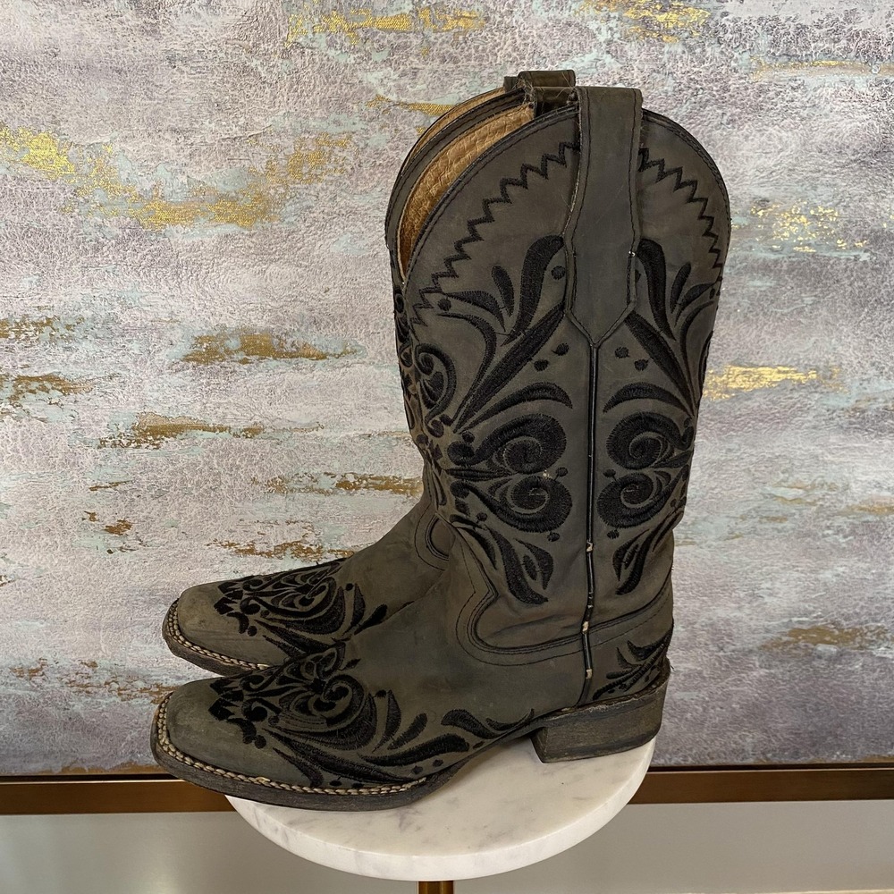 Circle G Boots Womens Size 7 Gray Leather Embroidered Western Square Toe L5464